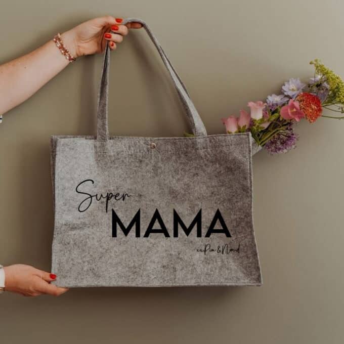 Shopper grijs - Super mama - met naam