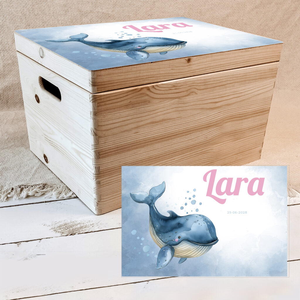 Walvisje memorybox met naam | Houten herinneringsbox