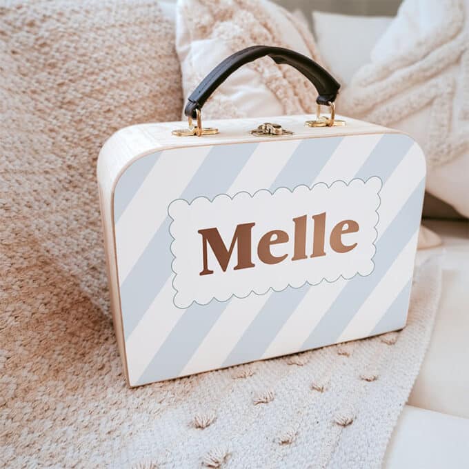 gepersonaliseerde koffertje met blauw en koper