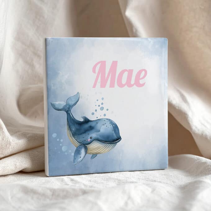 geboortetegeltje met naam walvisje onderzeedieren roze