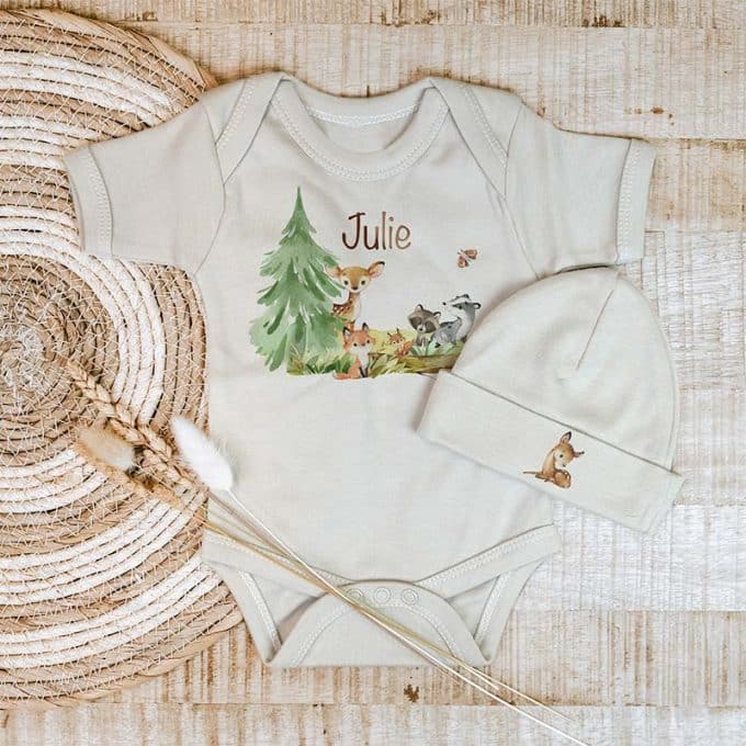 setje romper muts bosdieren cream