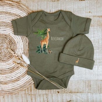 set romper muts giraffe groen gepersonaliseerd