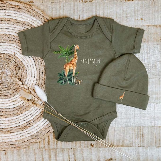 set romper muts giraffe groen gepersonaliseerd