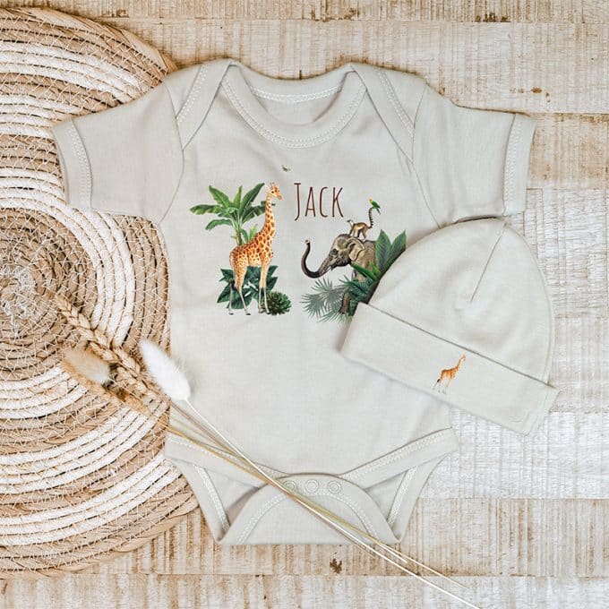 romper en mutsje jungle party met naam cream