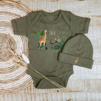 romper en mutsje jungle party met naam groen