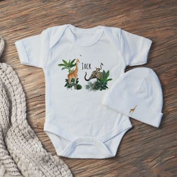 romper en mutsje jungle party met naam wit