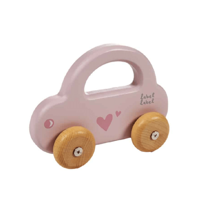 label label houten speelgoedauto pink roze