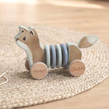 Little Dutch Trekdier Vos blauw; houten speelgoed met naam kraamcadeau