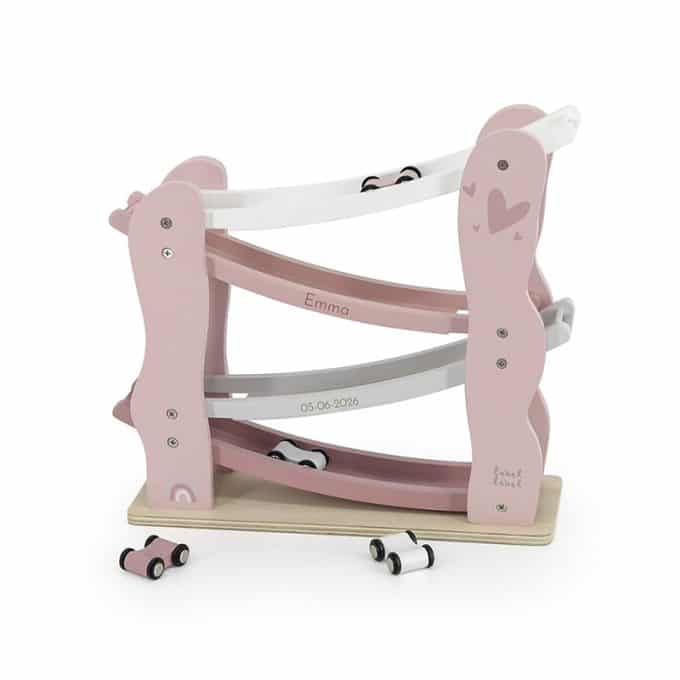 Label Label autobaan roze met naam en geboortedatum