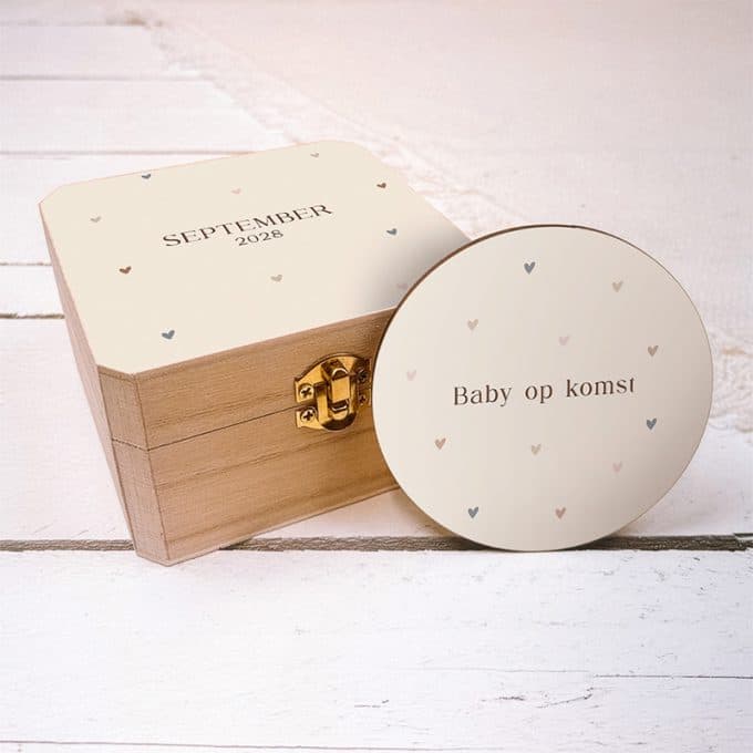 aankondigingskistje tiny hearts met de tekst baby op komst