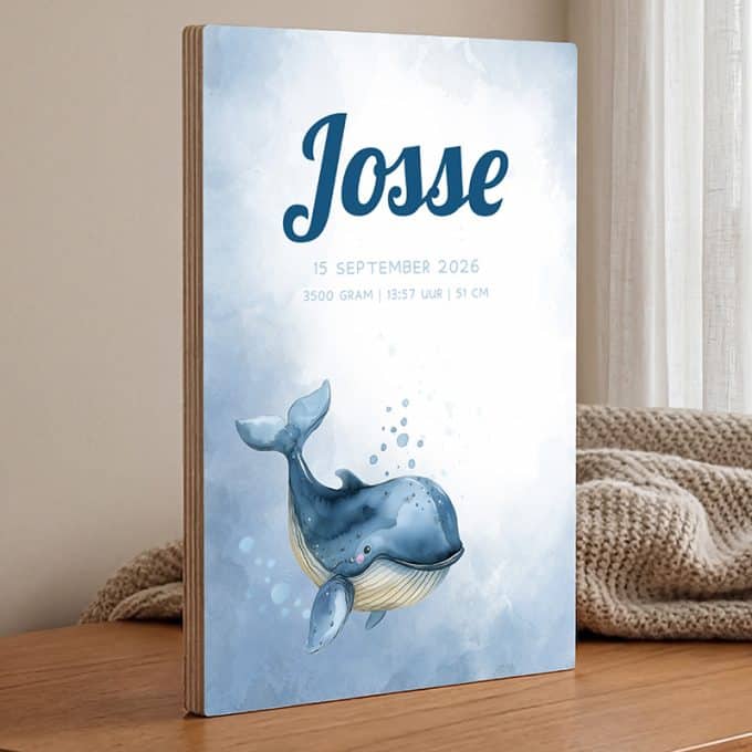 geboorteposter op hout walvisje geboorte jongen