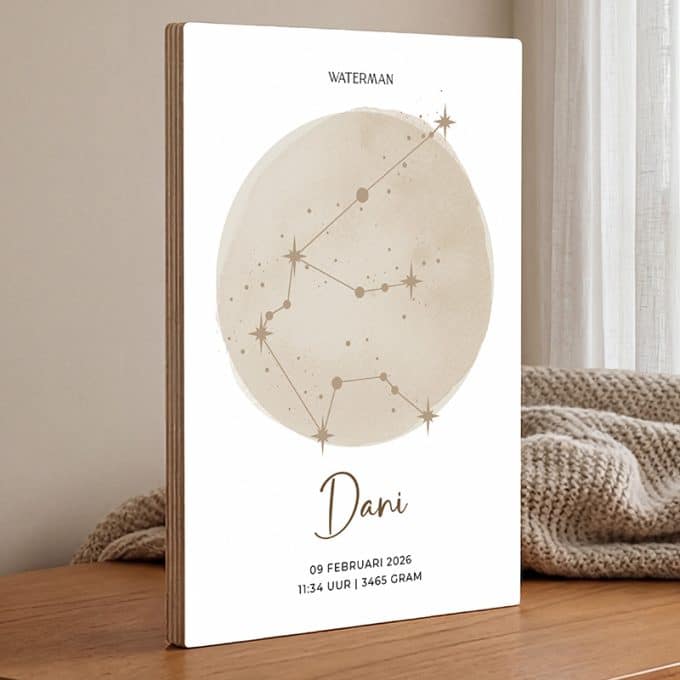 Geboorteposter op hout sterrenbeeld sand kraamcadeau neutraal weegschaal