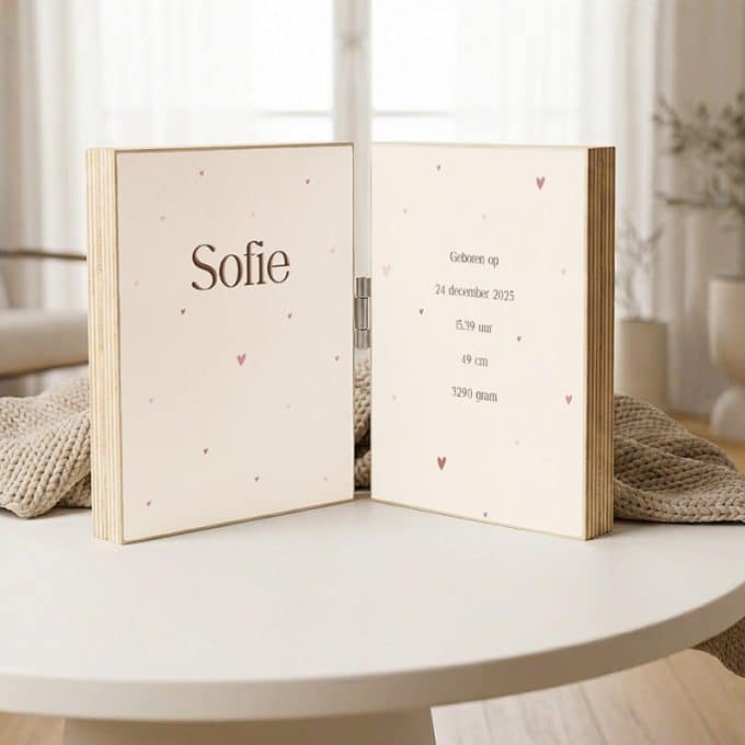 geboorteposter op hout 2-luik tiny hearts meisje