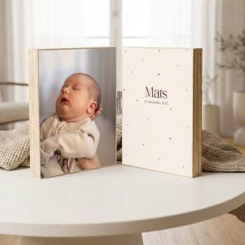 geboorteposter op hout 2 luik met foto tiny hearts jongen