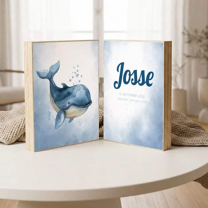 geboorteposter op hout 2 luik walvisje jongen
