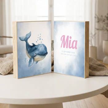 geboorteposter op hout 2 luik walvisje roze meisje