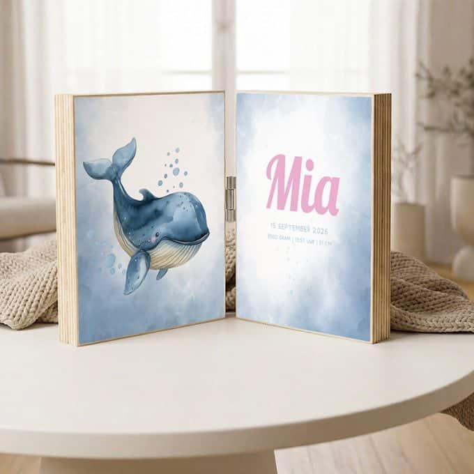 geboorteposter op hout 2 luik walvisje roze meisje