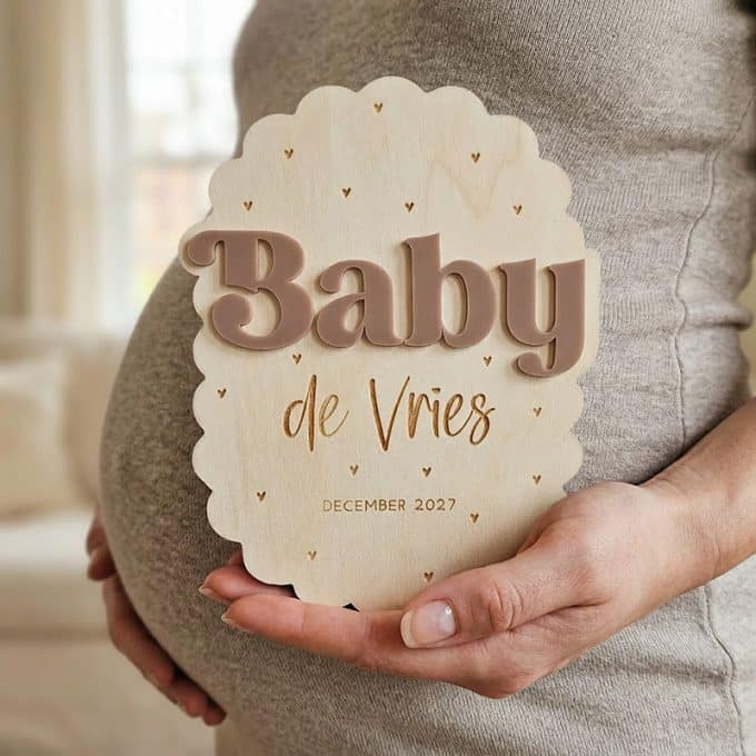 Houten zwangerschapsaankondiging “Baby de Vries”