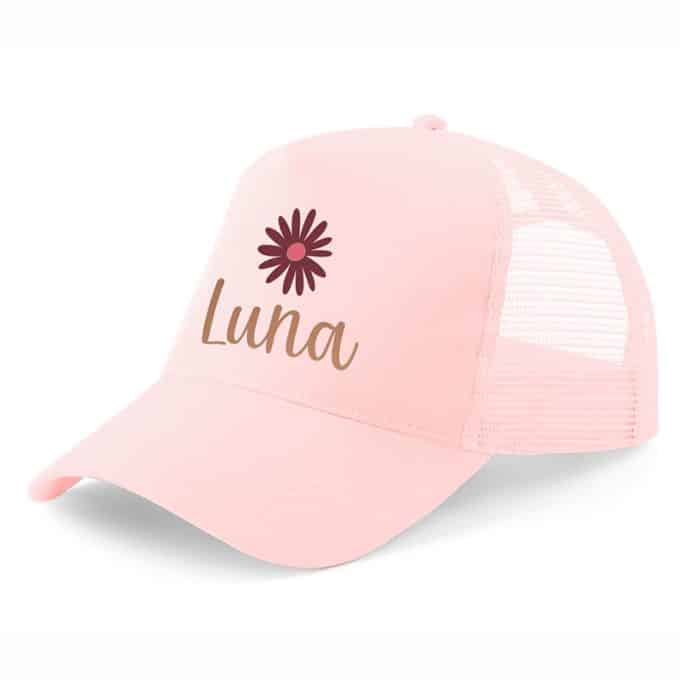 Kinderpet met naam bloem roze