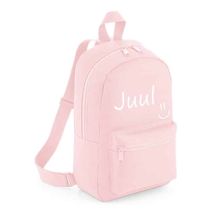 Rugtas met naam | Smiley roze gepersonaliseerd