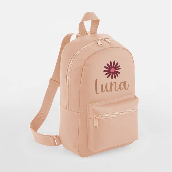 Rugtas met naam | Bloem peach gepersonaliseerd